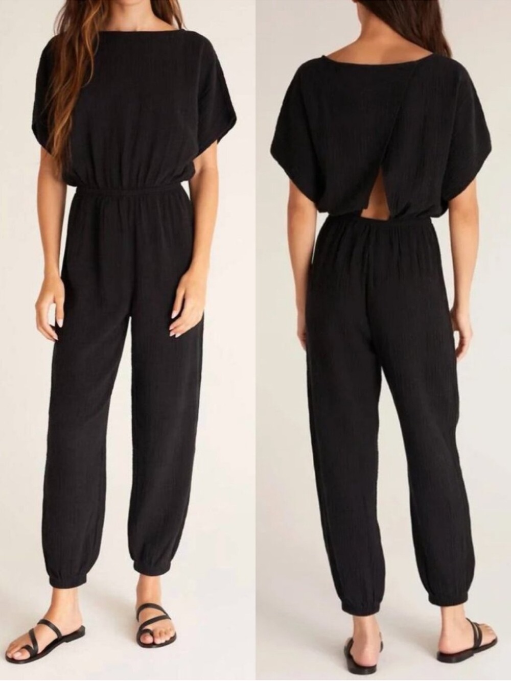 Z supply 100% cotton gauze black kahlo back cutout straight leg jumpsuit sz s
